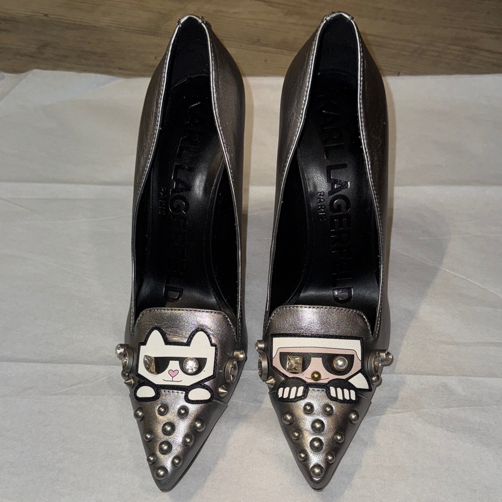 Karl Lagerfeld Metallic Gunmetal Studded Pointed Pumps with Character Appliqués
